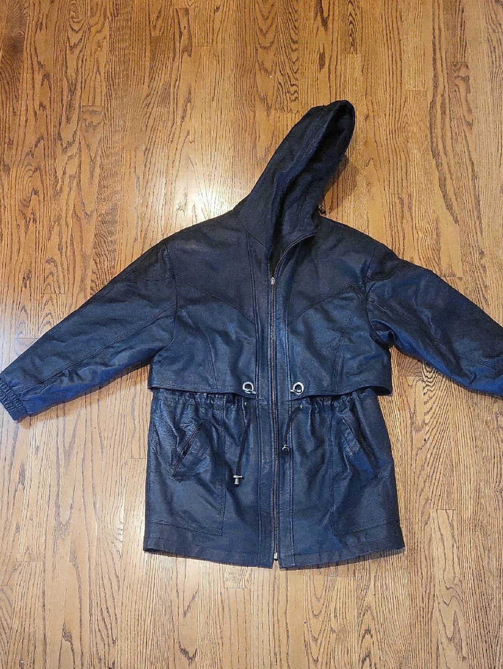 Women's size LARGE Hooded Black Jacket  Vintage Drawstring Waist cuff sleeve